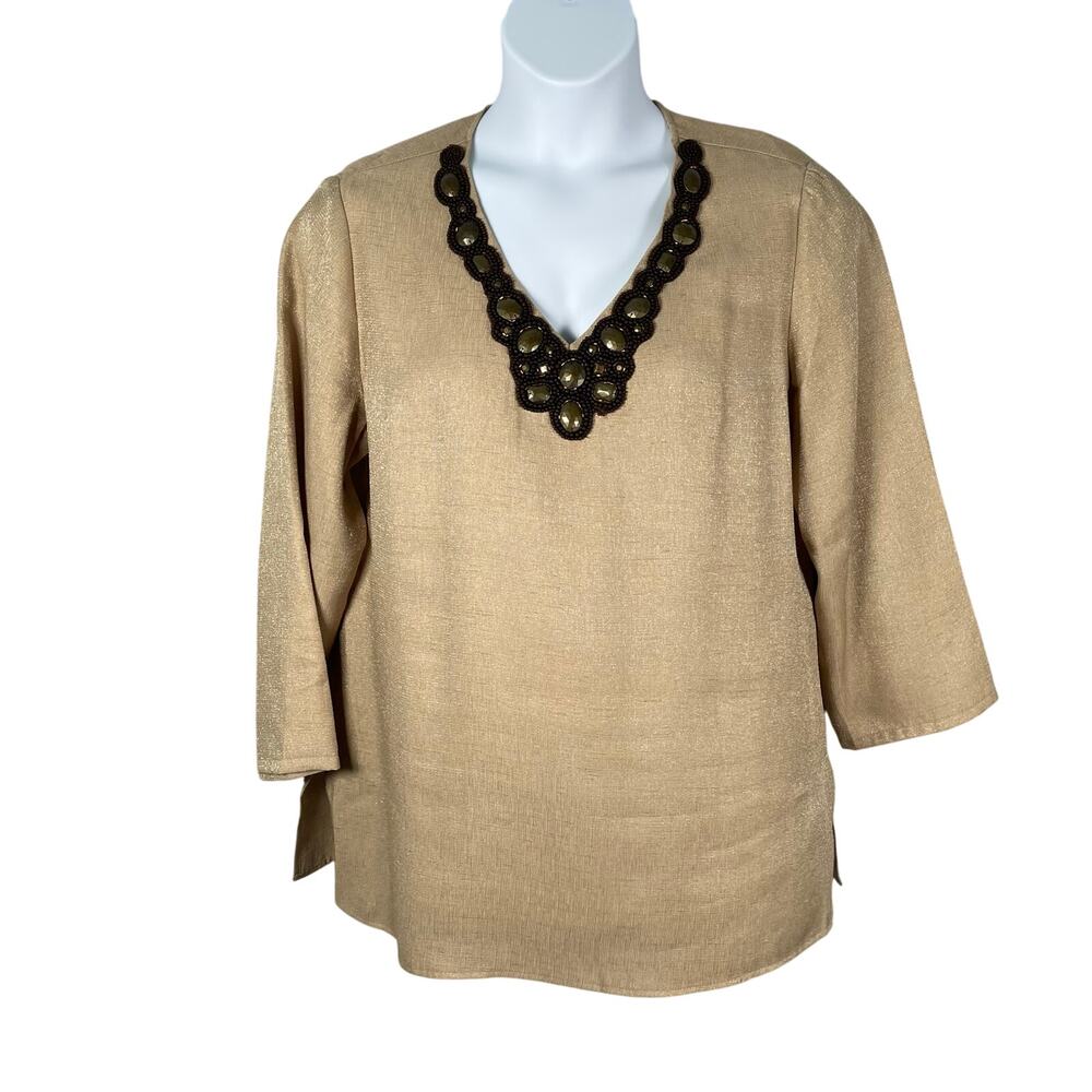 Jones New York Top Womens XL Tan with Brown Beaded Neckline Sheen Tunic Neutral
